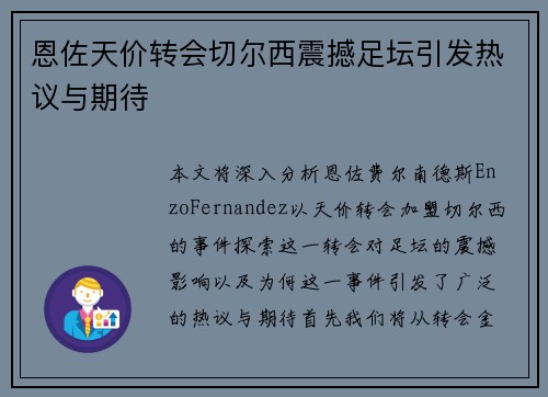 恩佐天价转会切尔西震撼足坛引发热议与期待