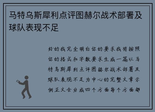 马特乌斯犀利点评图赫尔战术部署及球队表现不足
